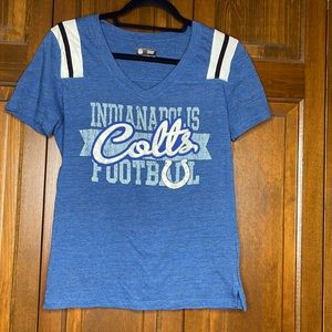 Blue, short-sleeved Colts women’s top.